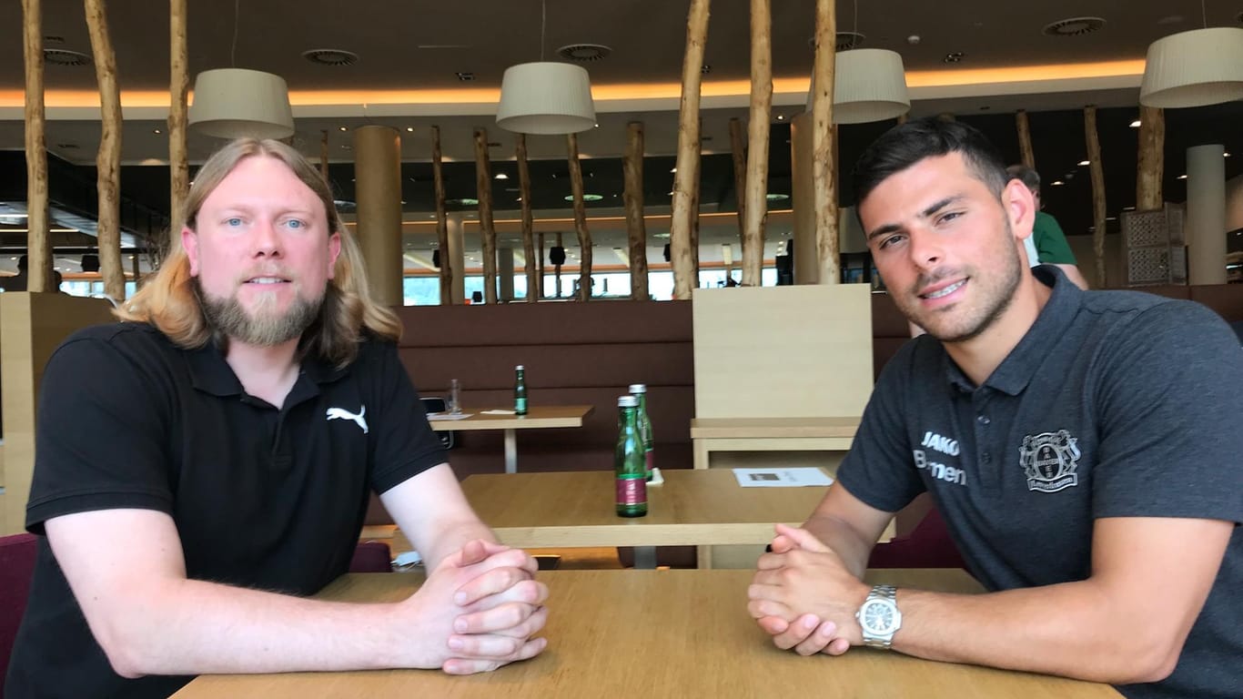 t-online.de-Sportredakteur Alexander Kohne (l.) traf Kevin Volland während des Trainingslager der Leverkusener in Zell am See und Kaprun in Österreich.