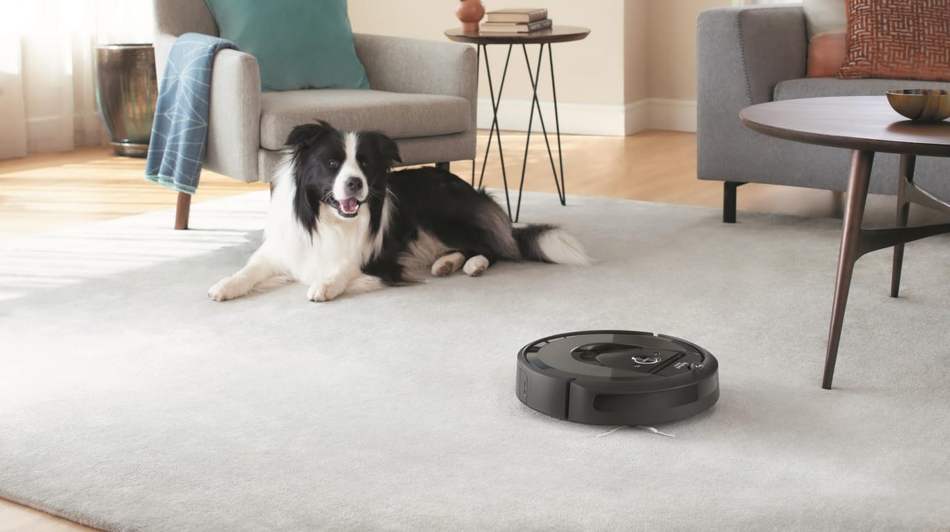 Ein Roomba saugt ein Wohnzimmer, in dem ein Hund sitzt: Die Firma iRobot hat weltweit etwa 25 Millionen Haushaltsroboter verkauft.