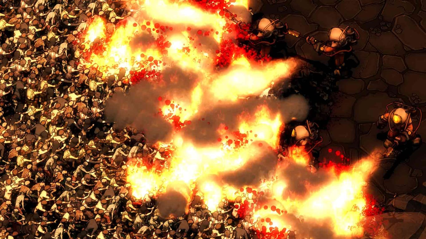 Screenshot von "They are Billions": In dem Spiel ist man im Kampf gegen die Zombies nicht gerade zimperlich.