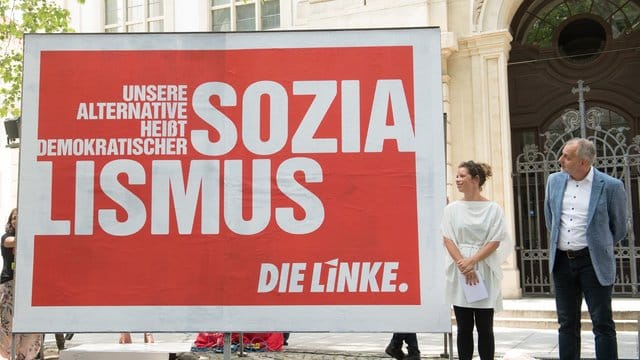 "Demokratischer Sozialismus": Die sächsische Landesvorsitzende der "Linken", Antje Feiks, steht neben einem Wahlplakat in Dresden.