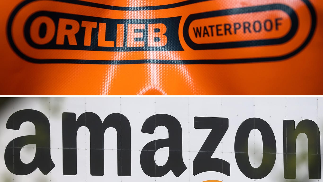Die Bildkombo zeigt das Logo des Rucksack-Herstellers Ortlieb und des Online-Händlers Amazon: Ortlieb zog gegen Amazon vor Gericht – und gewann.
