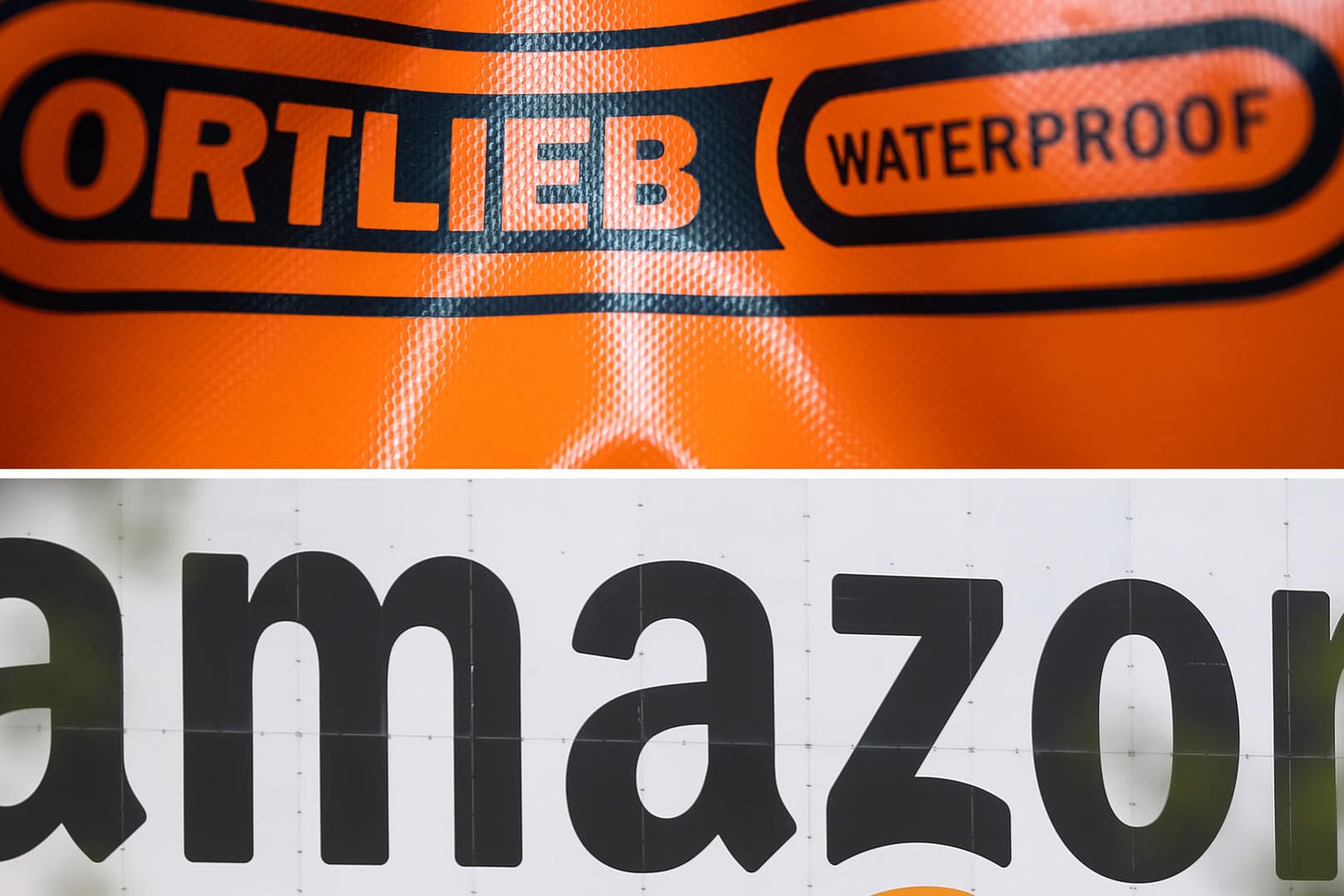 Die Bildkombo zeigt das Logo des Rucksack-Herstellers Ortlieb und des Online-Händlers Amazon: Ortlieb zog gegen Amazon vor Gericht – und gewann.