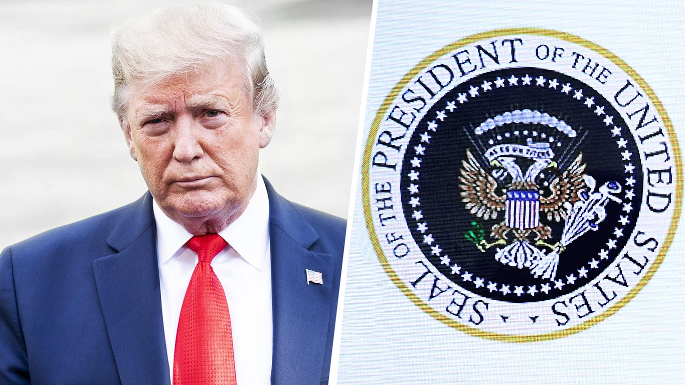 US-Präsident Trump mit dem verfremdeten Präsidentensiegel: ein doppelköpfiger Adler, Golfschläger und Dollarnoten.