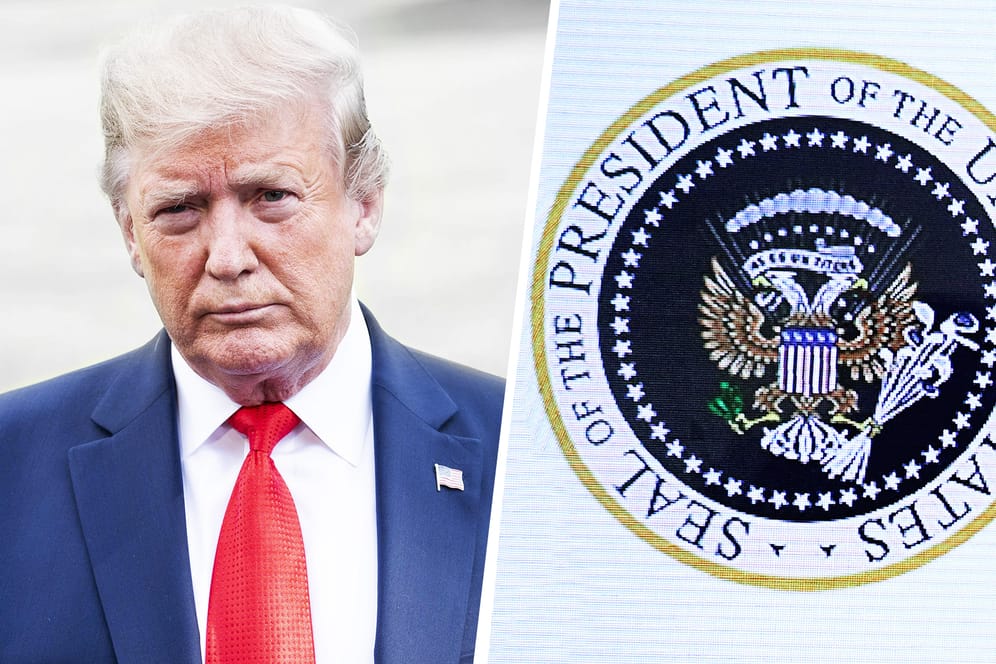 US-Präsident Trump mit dem verfremdeten Präsidentensiegel: ein doppelköpfiger Adler, Golfschläger und Dollarnoten.
