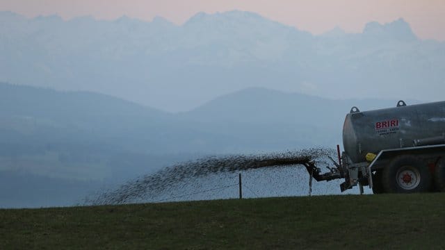 Ein Landwirt düngt auf dem 1055 Meter hohen Auerberg vor dem Panorama der Alpen eine Wiese mit Gülle.