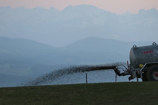 Ein Landwirt düngt auf dem 1055 Meter hohen Auerberg vor dem Panorama der Alpen eine Wiese mit Gülle.