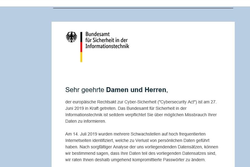 Betrugs-Mail im Namen des BSI: Diese Nachricht verschicken derzeit Unbekannte.