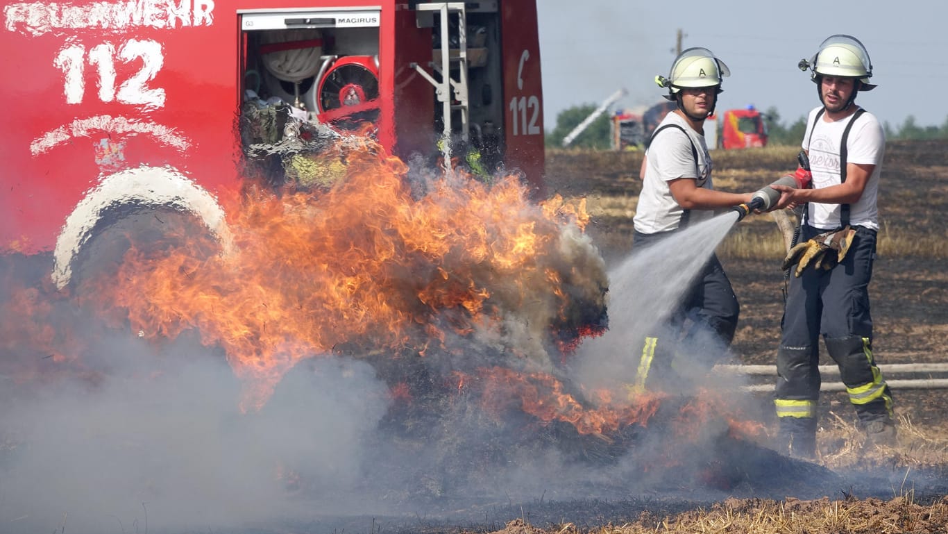 Feuerwehrmänner löschen bei Trier den Brand eines Getreidefeldes.