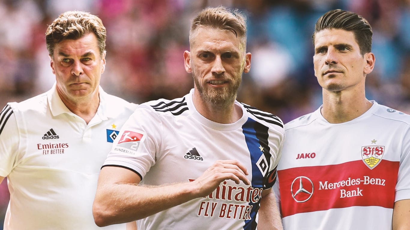Die Favoriten: Der Hamburger SV mit Dieter Hecking (l.) und Aaron Hunt sowie der VfB Stuttgart mit Mario Gomez (r.).