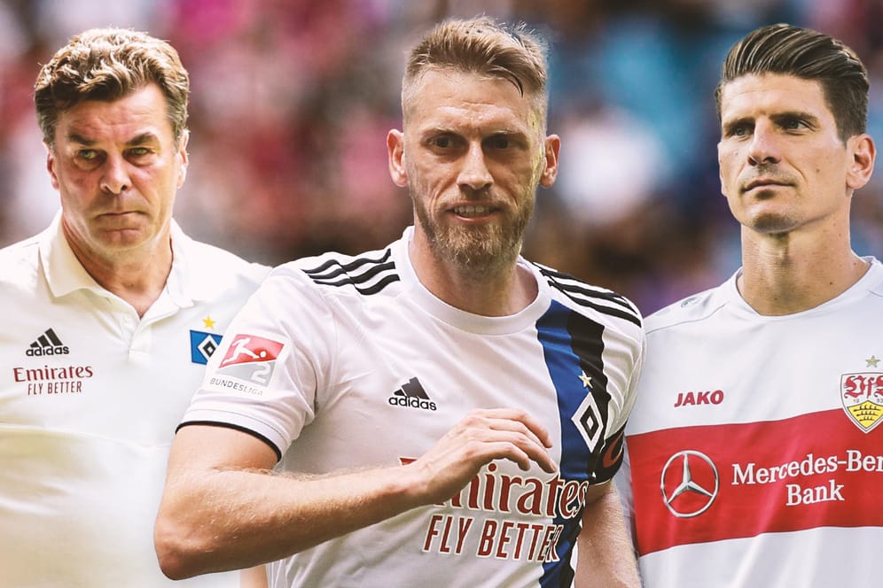 Die Favoriten: Der Hamburger SV mit Dieter Hecking (l.) und Aaron Hunt sowie der VfB Stuttgart mit Mario Gomez (r.).