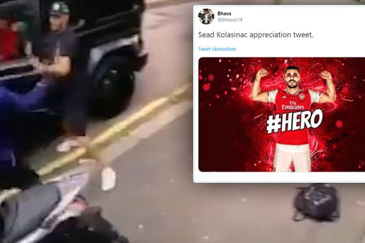 Links die Szene, rechts der Held. In den Sozialen Medien wird Sead Kolasinac aktuell gefeiert.