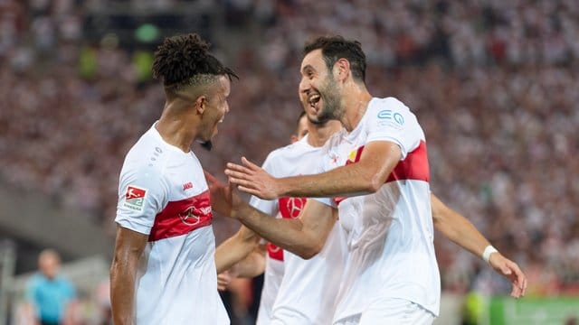 Stuttgartss Daniel Didavi (l) jubelt nach dem Tor zum 2:0 mit der Mannschaft.