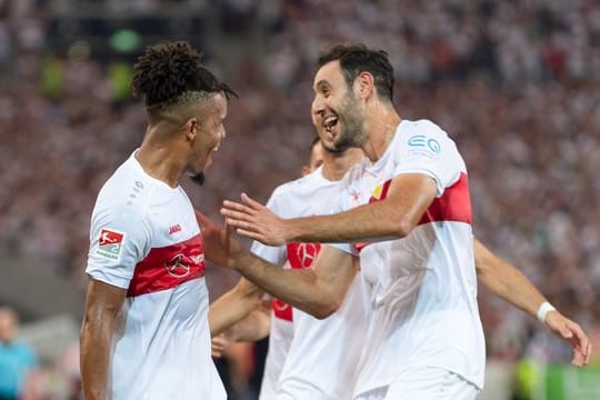 Stuttgartss Daniel Didavi (l) jubelt nach dem Tor zum 2:0 mit der Mannschaft.