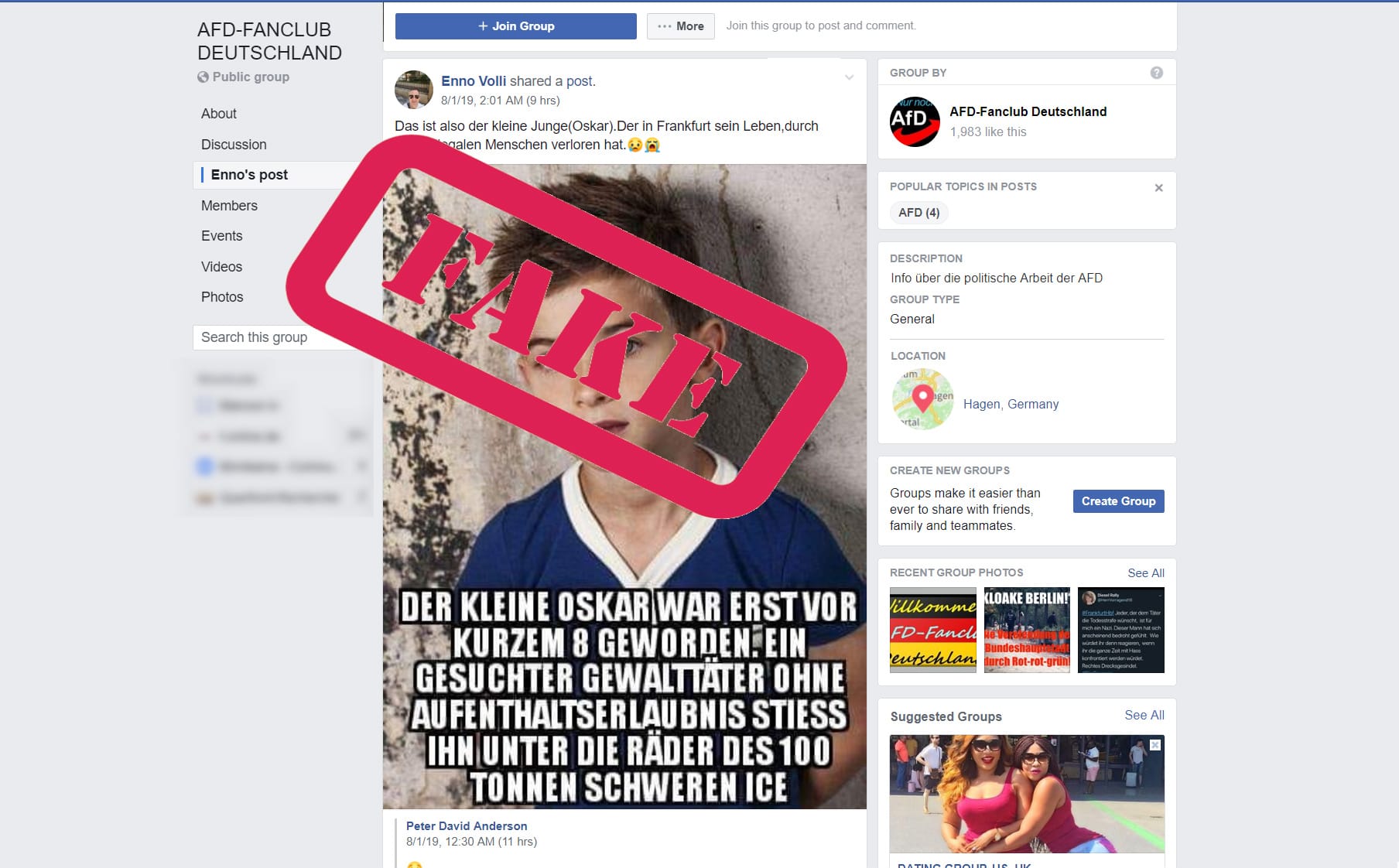 "Das ist der kleine Junge". Nein, das Foto zeigt ein Kind, das im Jahr 2012 aufgenommen wurde und das auf viele Seiten für Kinderfrisuren zu sehen ist. Dieser Screenshot ist aus der Gruppe AfD-Fanclub Deutschland, das Foto kursierte aber auf zahlreichen Seiten und in etlichen Gruppen.