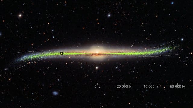 Die Detailkarte der Milchstraße zeigt die verbogene Scheibe unserer Galaxie. Die Detailkarte der Milchstraße zeigt die verbogene Scheibe unserer Galaxie.