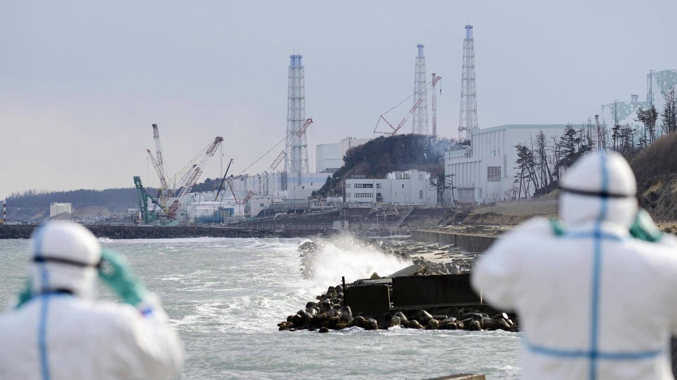 Mitarbeiter der Betreiberfirma Tepco vor der Atomrunie Fukushima Daiichi: Im März 2011 hat ein Tsunami das Atomkraftwerk zerstört. (Symbolfoto)