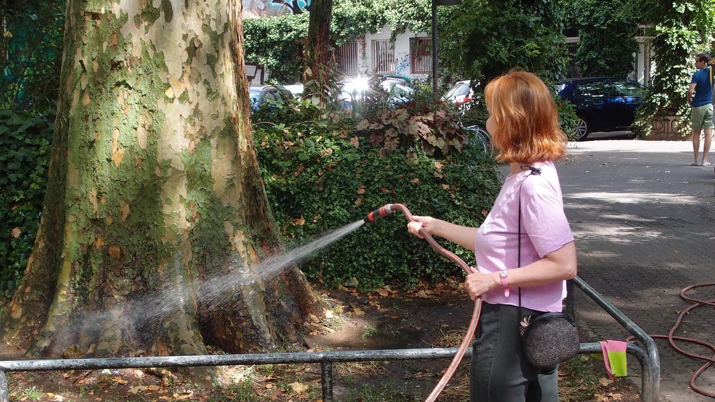 Anwohnerin Iris B. wässert einen Baum am Brüsseler Platz: Sie sorgt sich um den Platz, den junge Leute am Wochenende für Partys nutzen.