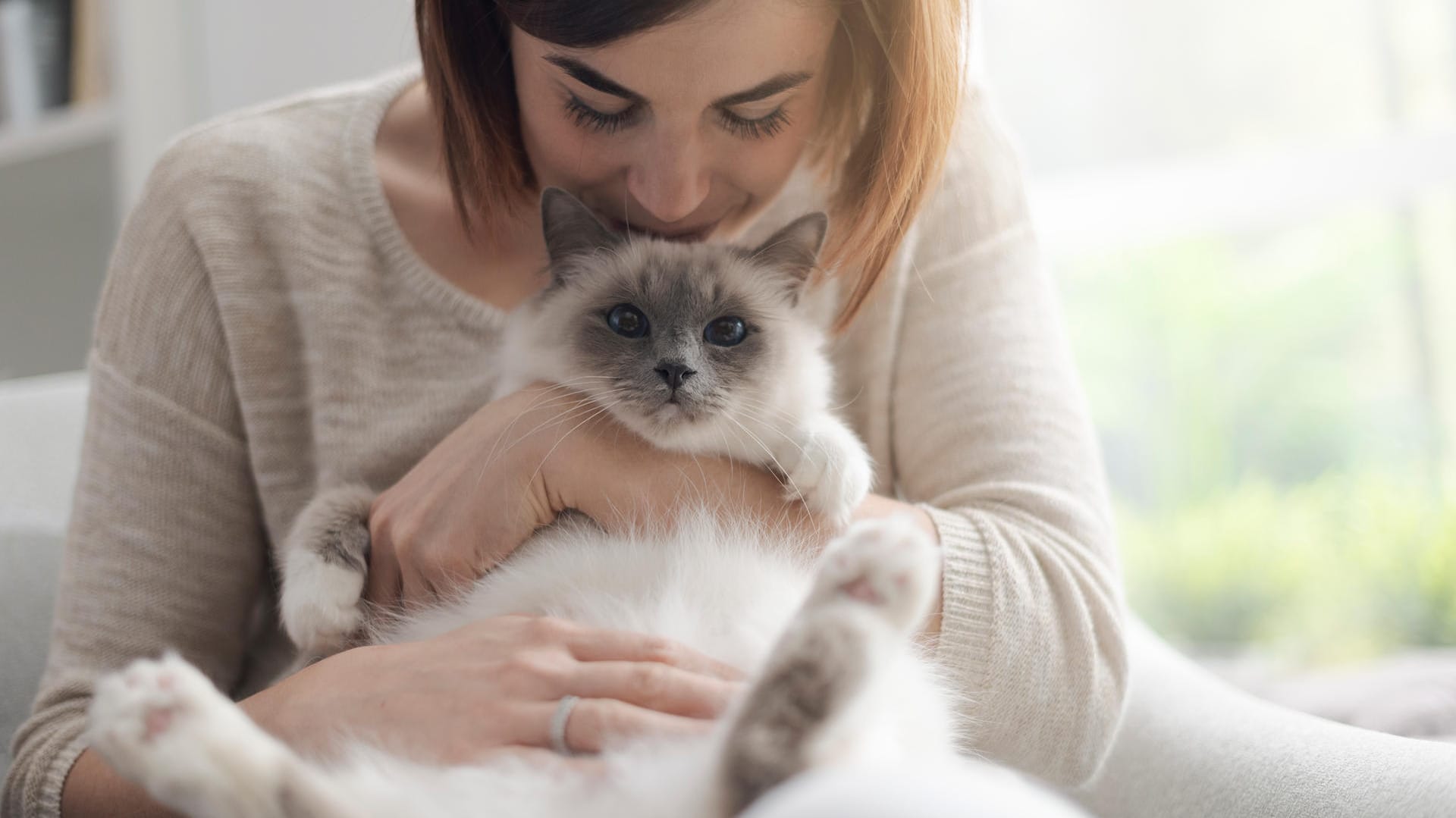 Frau mit Katze: Die Katze braucht das Streicheln nicht. Es ist der Mensch, der dem Kraulen schwer widerstehen kann. Das hat einen bestimmten Grund.