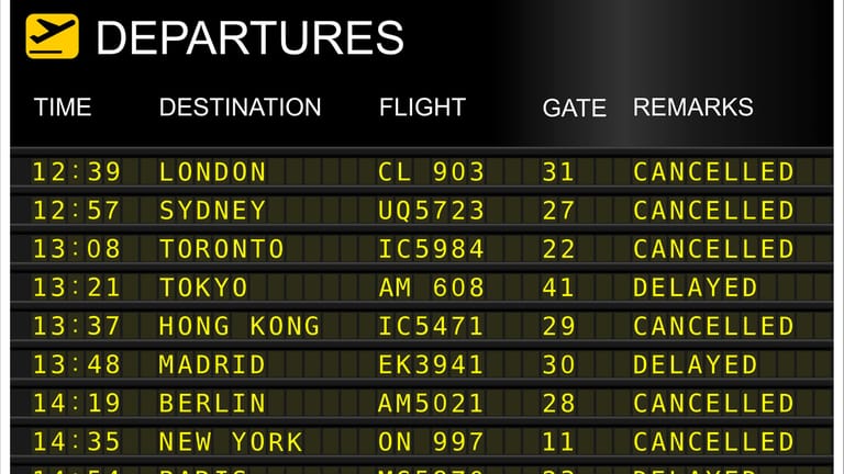 Abflugtafel am Flughafen: Wenn Flüge verspätet sind oder komplett ausfallen, werden pauschale Ausgleichszahlungen miteinander verrechnet.
