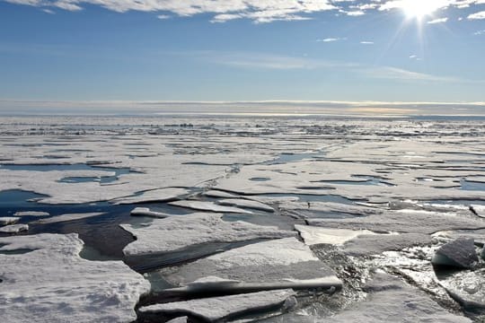 Auf dem Arktischen Ozean am Nordpol schwimmen mehrere Eisplatten.