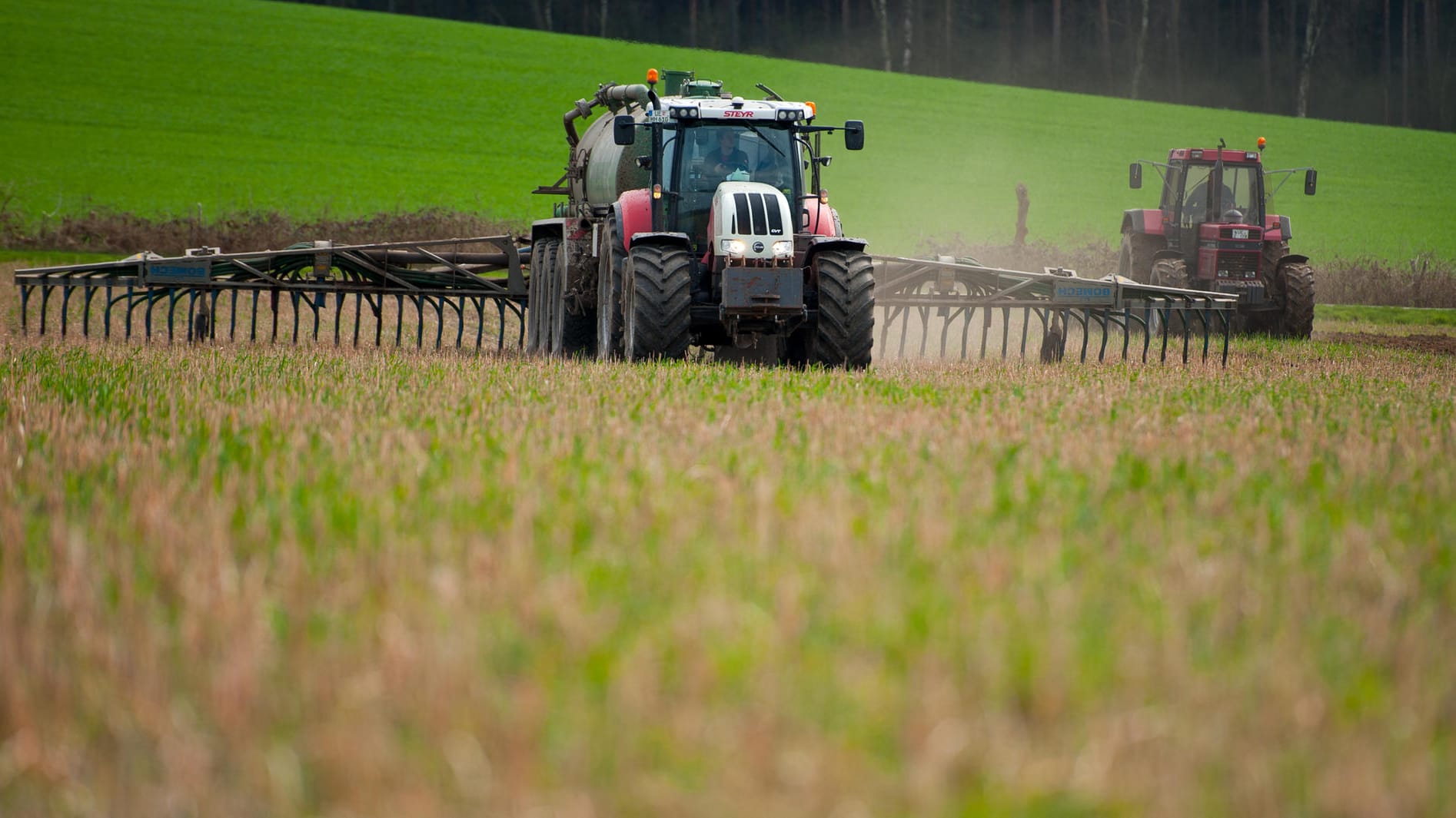 Feld wird mit Gülle gedüngt: Seit Jahren ist das Grundwasser in Deutschland vielerorts massiv mit Nitrat belastet.