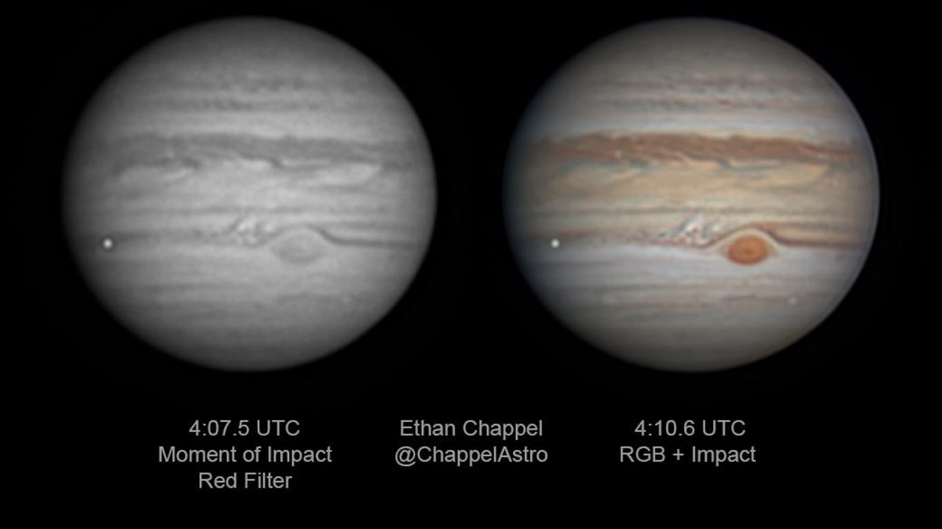 Die seltenen Aufnahmen des Meteoriteneinschlags: Auf der linken Bildhälfte ist heller Punkt vor dem Planeten Jupiter zu erkennen.
