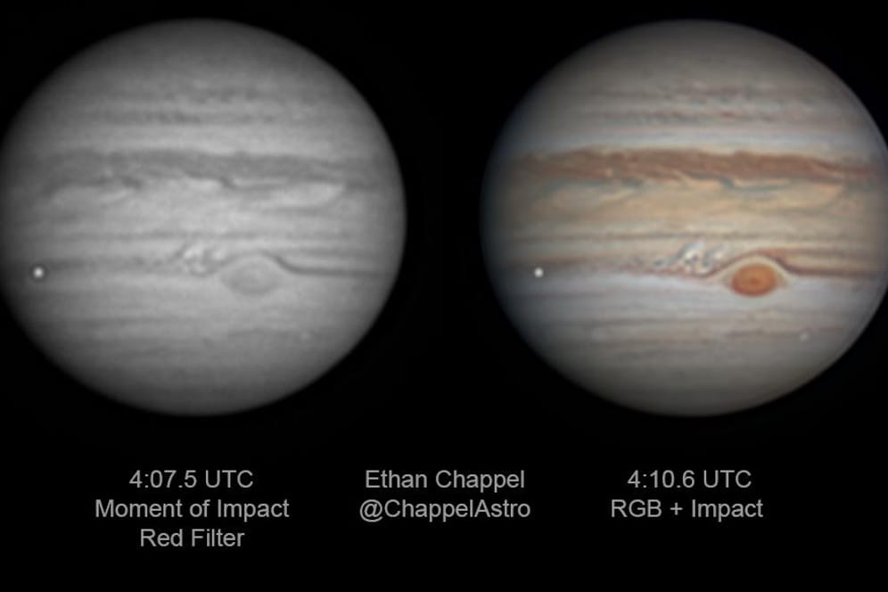 Die seltenen Aufnahmen des Meteoriteneinschlags: Auf der linken Bildhälfte ist heller Punkt vor dem Planeten Jupiter zu erkennen.
