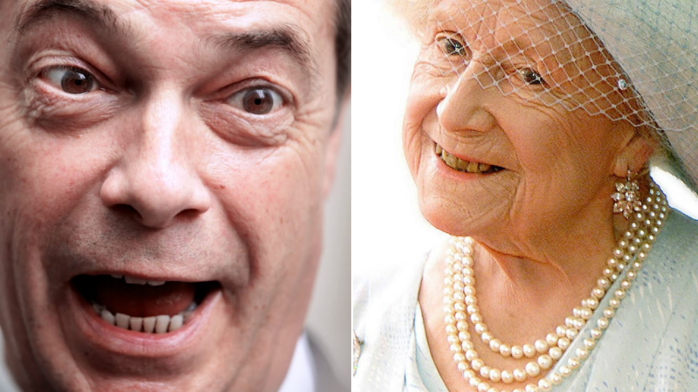 Nigel Farage und "Queen Mum": Der Brexit-Befürworter hat die Mutter der britischen Königin beleidigt, außerdem ihren Sohn und ihren Enkel.