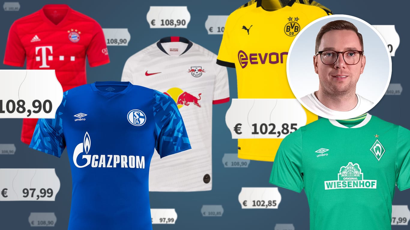 Trikots und Preisschilder: Bei sieben Vereinen der Fußball-Bundesligisten knacken die Trikotpreise die 100-Euro-Marke.