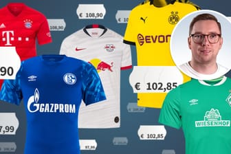 Trikots und Preisschilder: Bei sieben Vereinen der Fußball-Bundesligisten knacken die Trikotpreise die 100-Euro-Marke.