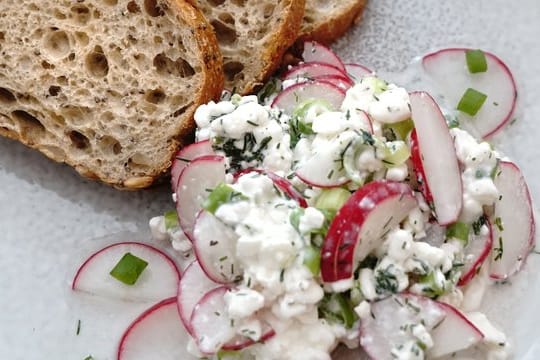 Richtig knackig ist der Salat zum Brot, wenn die Radieschen erst kurz zuvor in Scheiben geschnitten werden.