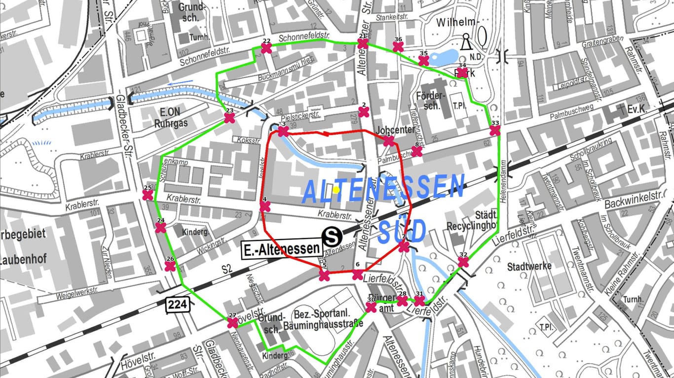 Eine Karte der Stadt Essen: Die Evakuierungszone war in zwei Bereiche unterteilt.