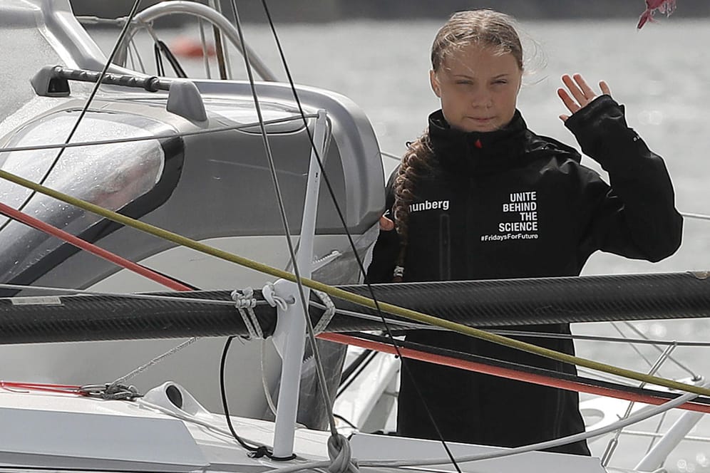 Klimaaktivistin Greta Thunberg beim Start ihrer Reise über den Atlantik.