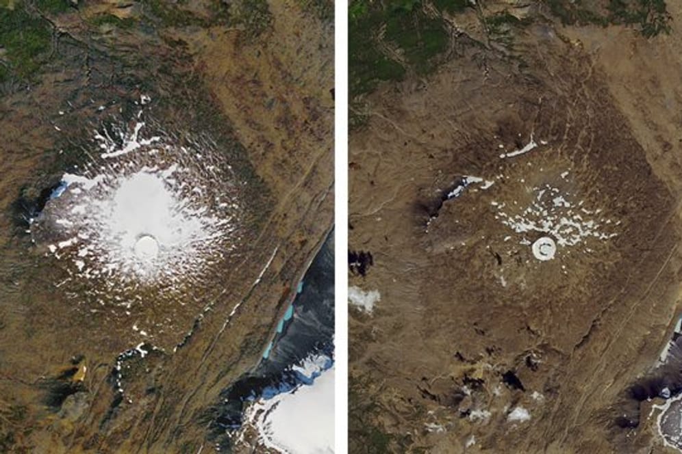 Links: Luftaufnahme des damals noch existierenden Okjökull-Gletschers aus dem Jahr 1986.