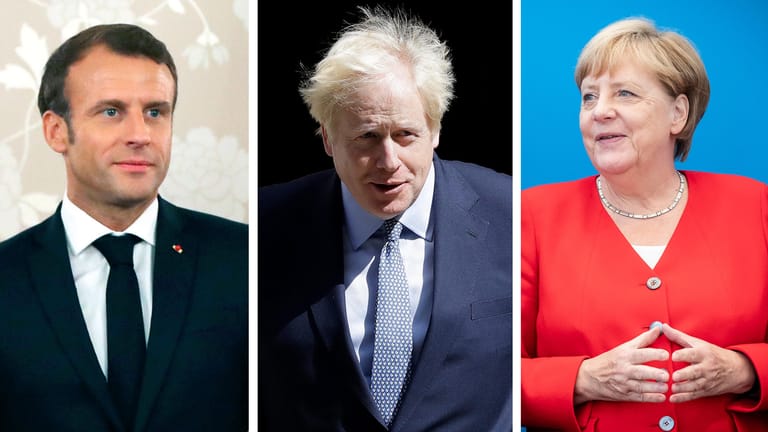 Emmanuel Macron, Boris Johnson, Angela Merkel.