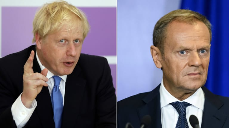 Boris Johnson und Donald Tusk: Der britische Premierminister ist beim EU-Ratschef mit seinem Vorschlag zu einer Übergangslösung für den Backstop abgeblitzt.
