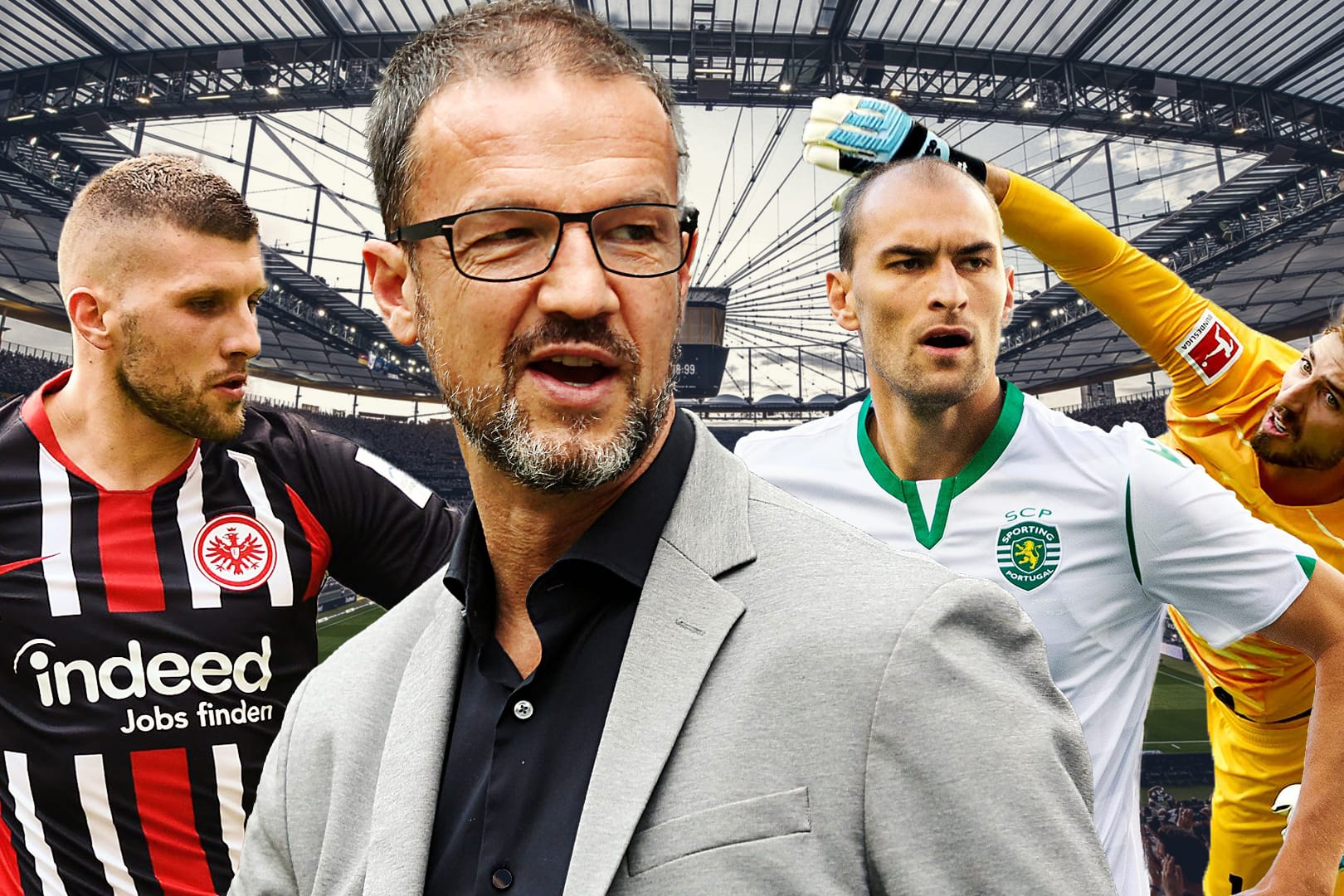 Transfer-Guru: Frankfurts Manager Fredi Bobic (2. v. l.) hat bei Neuverpflichtungen zuletzt ein gutes Händchen bewiesen. Spieler wie Ante Rebic (l.) oder Kevin Trapp (r.) stellten sich als absolute Volltreffer heraus. Nun soll er sich um Bas Dost (2. l. r.) bemühen.