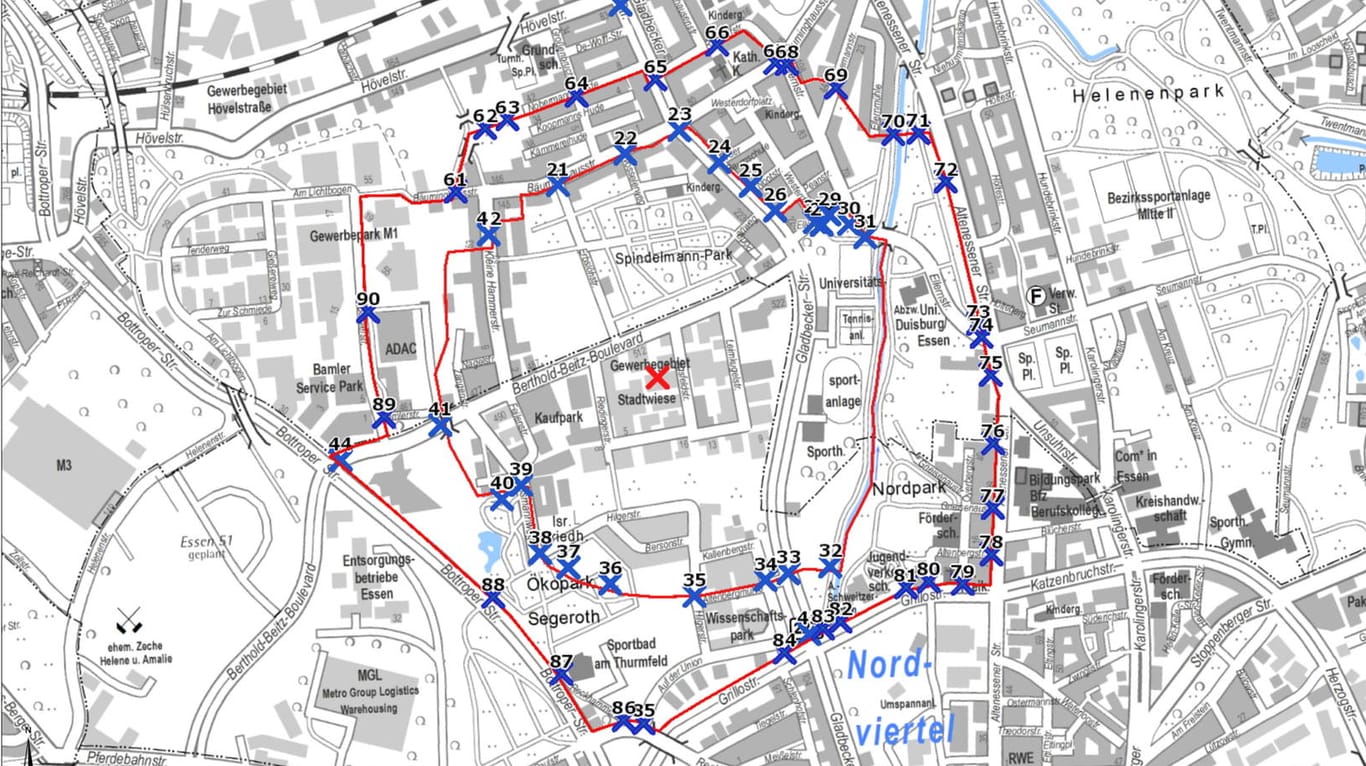 Stadtplan von Essen: Die roten Linien zeigen, welche Straßen von der Evakuierung betroffen sind.