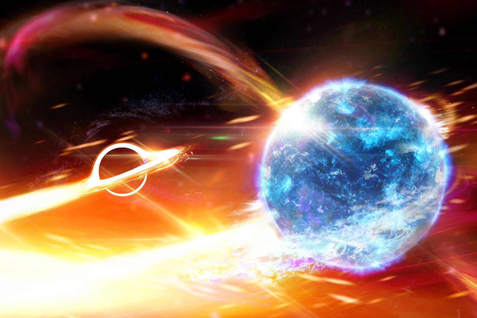 Illustration der Forscher: Sie haben nach eigenen Angaben erstmals beobachtet, wie ein Schwarzes Loch einen Neutronenstern verschlingt.