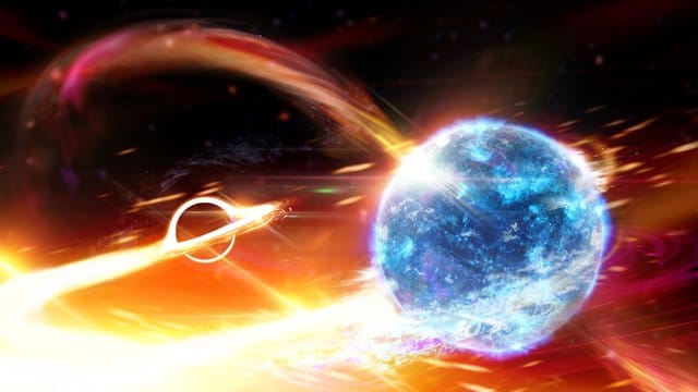 Künstlerische Darstellung eines Schwarzen Lochs, das einen Neutronenstern verschlingt. Künstlerische Darstellung eines Schwarzen Lochs, das einen Neutronenstern verschlingt.