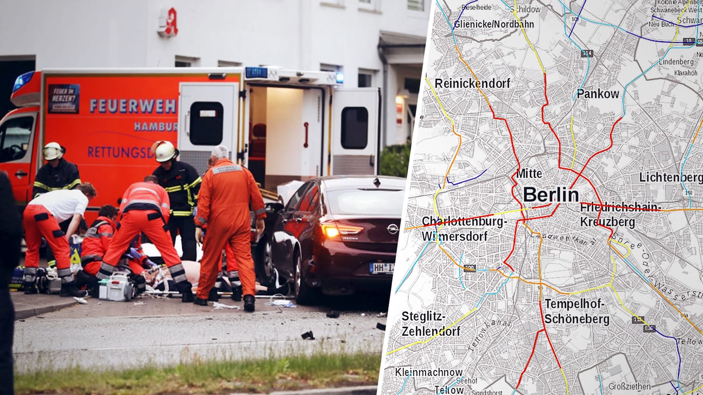 Rettungskräfte versorgen Verletzte nach einem Verkehrsunfall: Wo genau solche Unfälle geschehen, zeigt ein interaktiver Atlas.