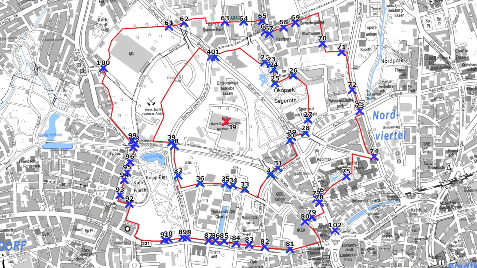 Stadtplan von Essen: Die Anwohner in der inneren roten Markierung waren von den Evakuierungsmaßnahmen betroffen.