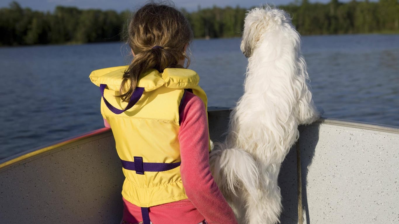 Ein Mädchen und ein Hund in einem Boot: Ein Segeltörn ist auch mit Vierbeiner kein Problem.