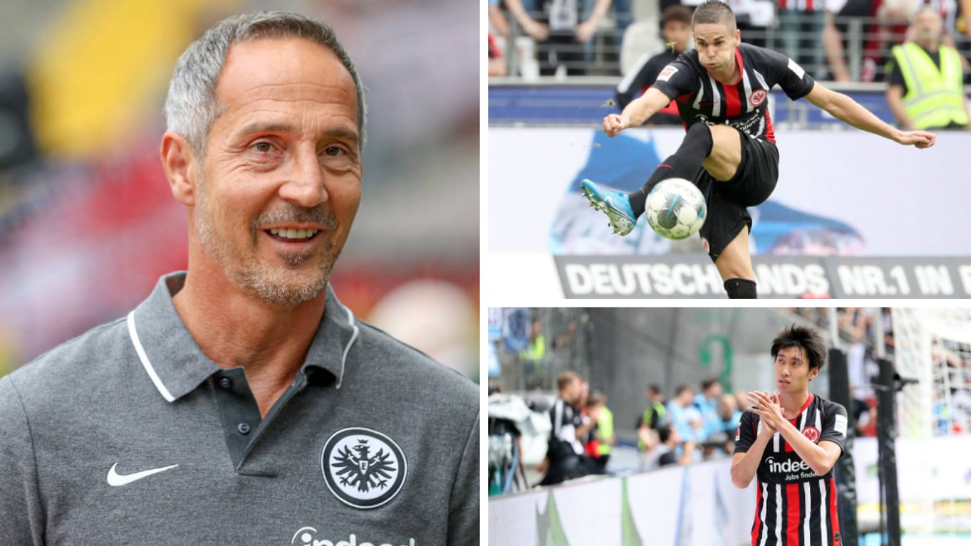 Frankfurt-Trainer: Adi Hütter (l.) setzt in Straßburg von Beginn an auf Mijat Gacinovic (r. o.) und Daichi Kamada.