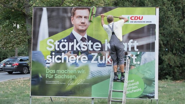 Im Umfrage-Aufwind: CDU-Wahlplakat mit Sachsens Ministerpräsident Michael Kretschmer. Im Umfrage-Aufwind: CDU-Wahlplakat mit Sachsens Ministerpräsident Michael Kretschmer.
