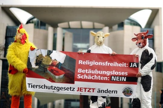 Verkleidete Aktivisten protestieren vor dem Kanzleramt gegen das betäubungslose Schächten (Archivbild).