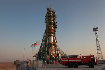 Die Sojus Rakete am Weltraumbahnhof im kasachischen Baikonur.
