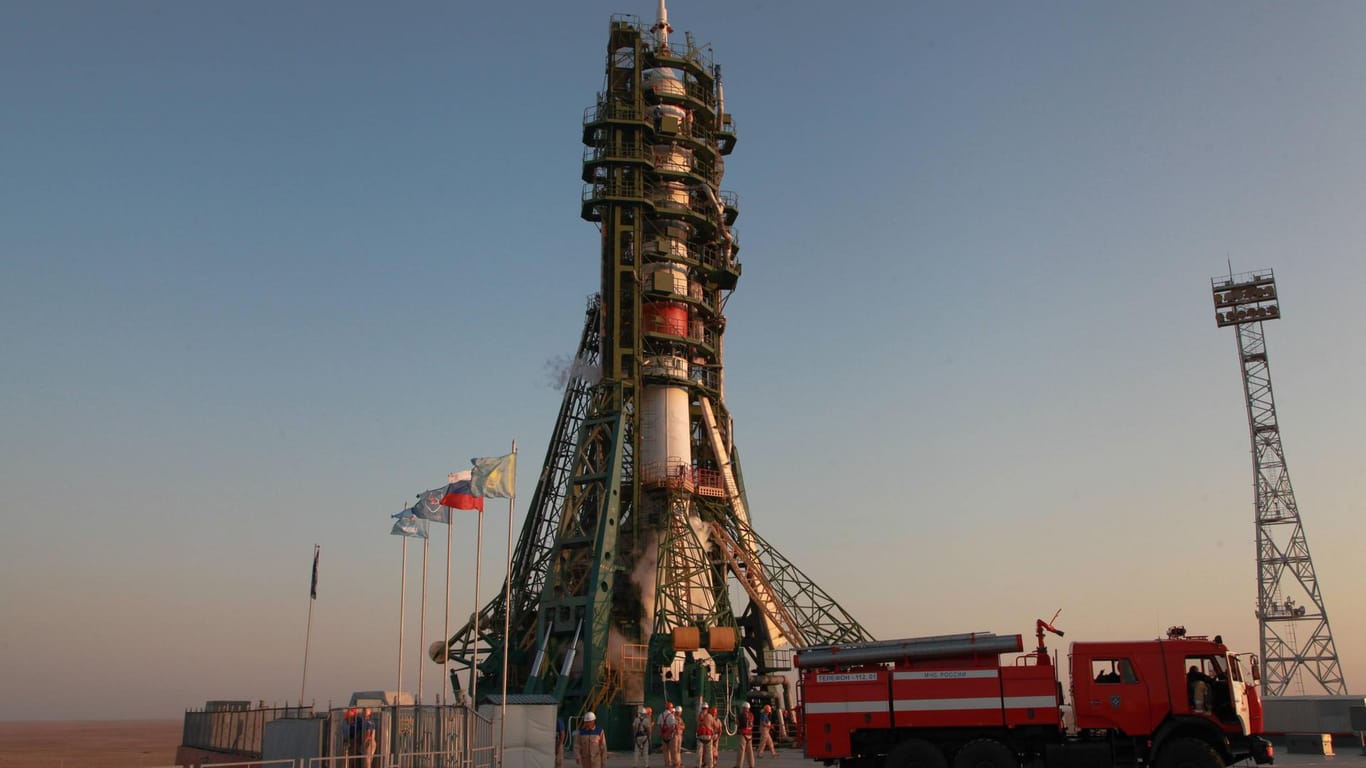 Die Sojus Rakete am Weltraumbahnhof im kasachischen Baikonur.