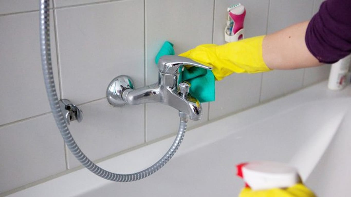 Kalkverkrustungen an Waschbecken und Toilette können mit Kalkreiniger entfernt werden.