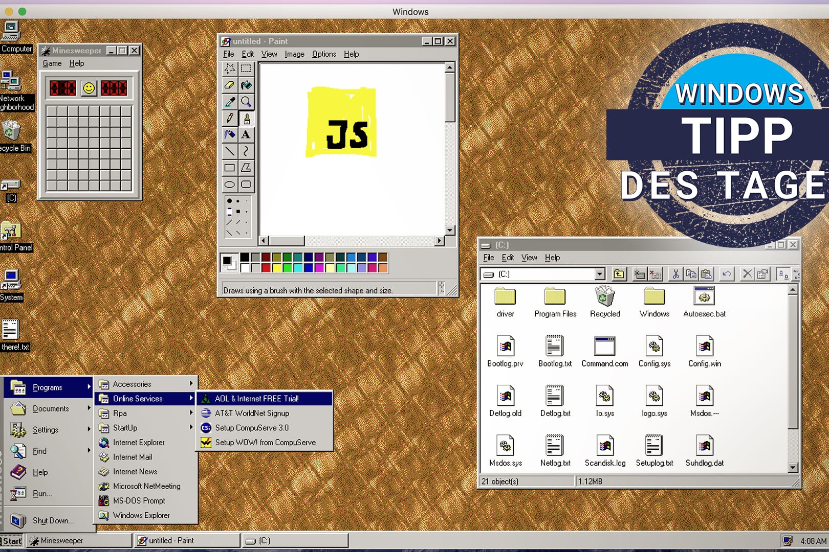 Ein Screenshot von Windows 95 als App: Das Programm gibt es zum kostenlosen Download.